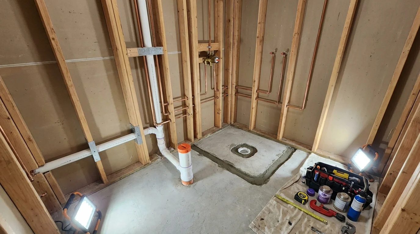 Bathroom rough-in plumbing during remodel by Johns Plumbing LLC in Sanborn