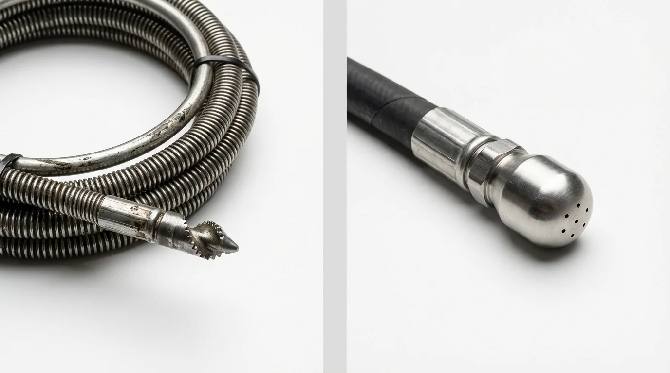 Drain snake cable and hydro jetting nozzle used for drain cleaning in Sanborn, NY