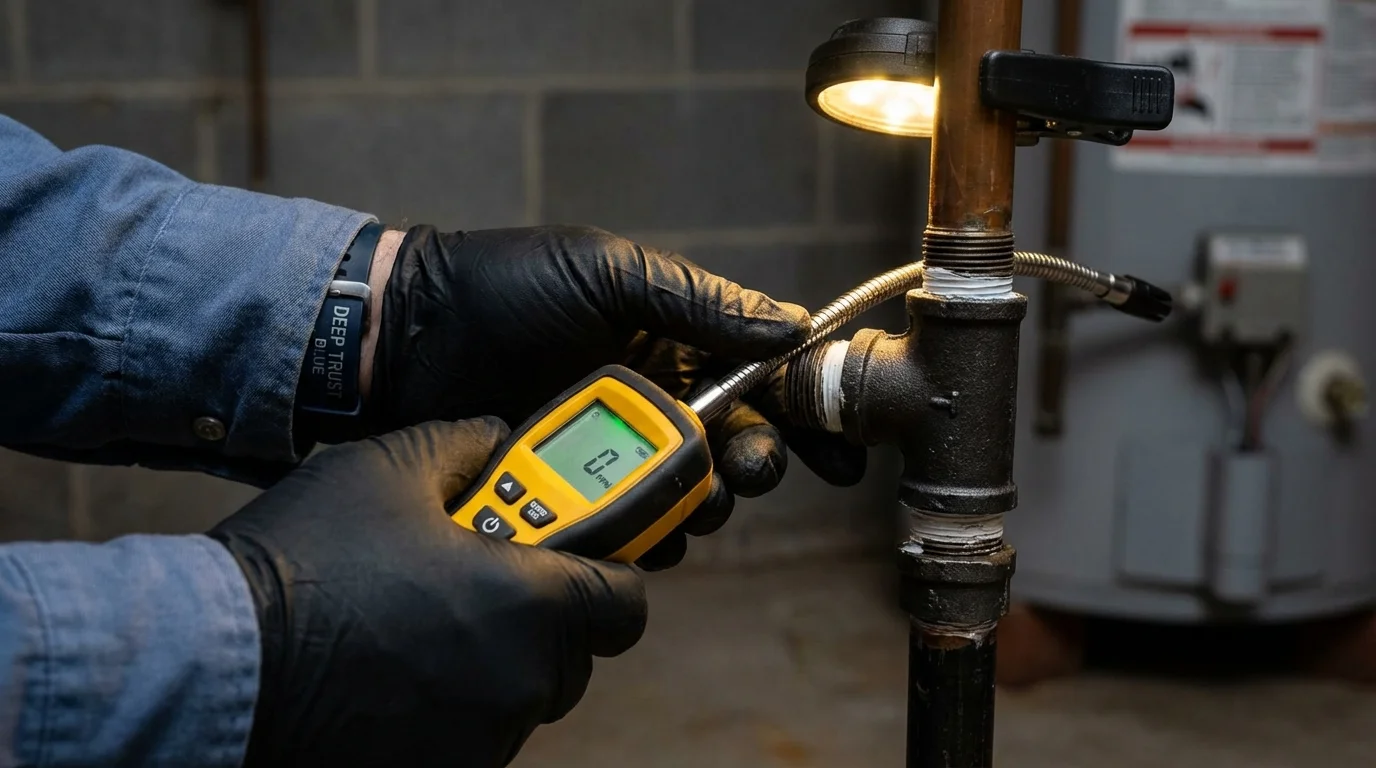 Gas leak detection with electronic sniffer by Johns Plumbing LLC in Sanborn