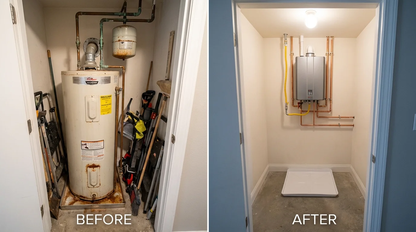 Tank water heater versus wall-mounted tankless unit comparison for Sanborn, NY homeowners