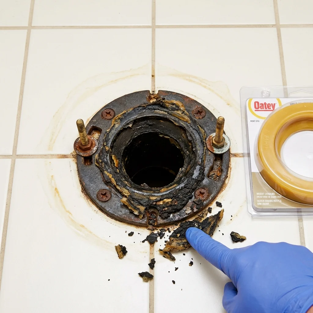 Failed wax ring showing water seepage at the base of a toilet in a Sanborn, NY home