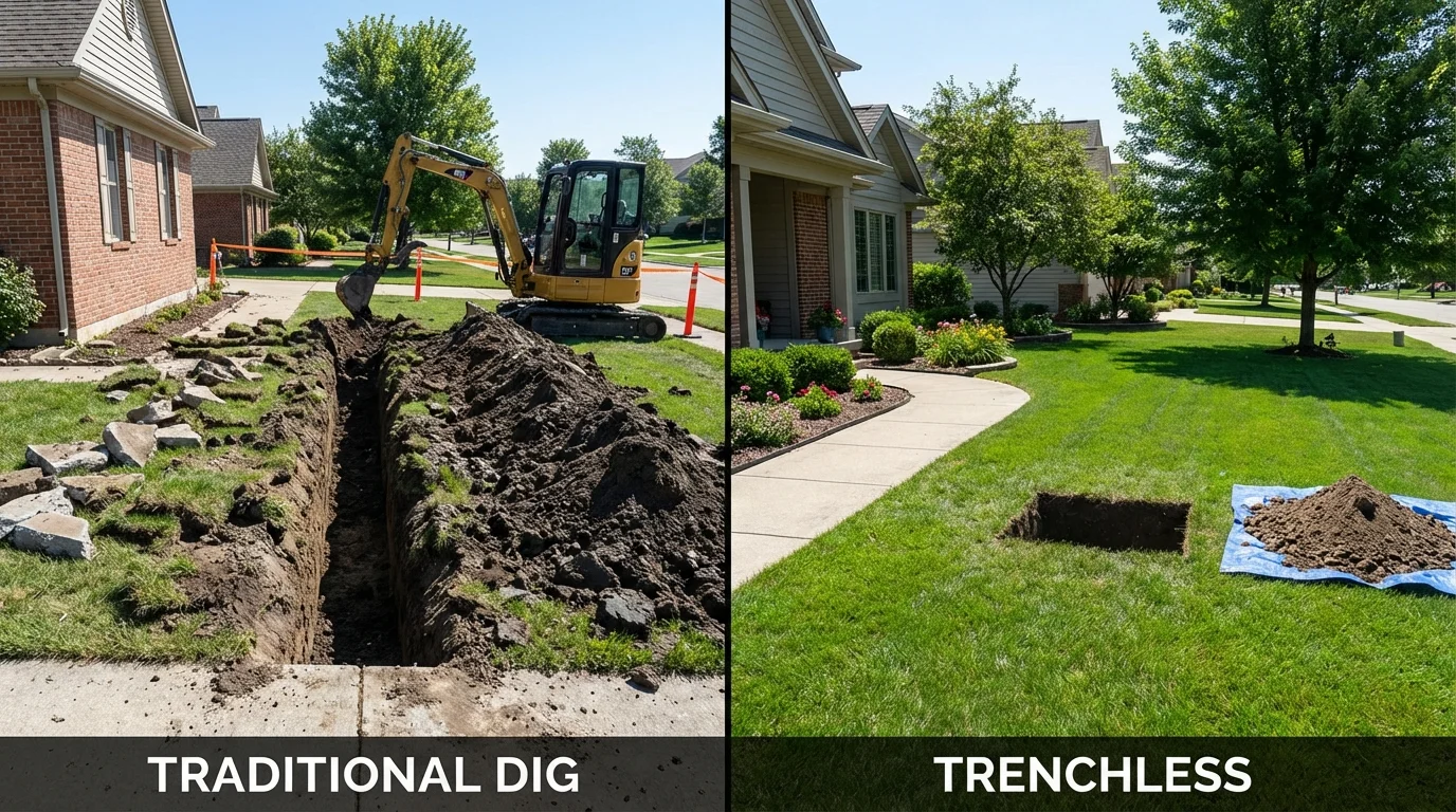 Trenchless sewer repair with minimal yard damage versus traditional excavation in Sanborn, NY