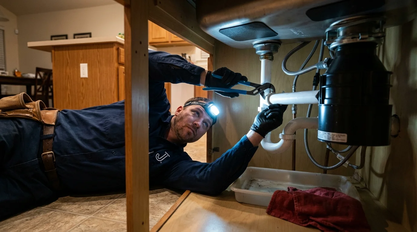 P-trap and supply line connections under a kitchen sink showing a common leak point in Sanborn, NY